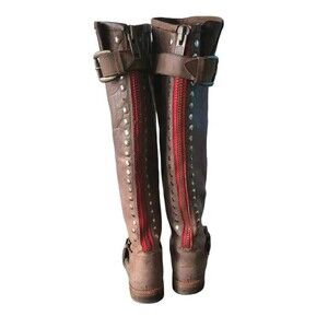 Steve Madden Lynxx Riding Boot Women 6.5 Leather Brown Red Contrast Zip Distress